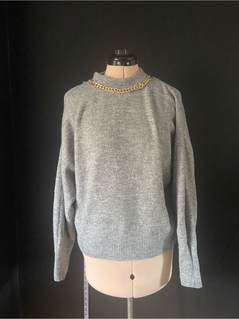H&M Grey Knit Sweater Gold Chain Neckline Size XS